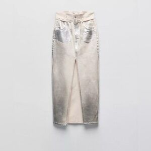 NWOT Zara Metallic Silver High-Waisted Midi Skirt – Size Small